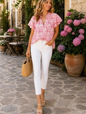 CeCe Pink Floral Ruffle Sleeve Blouse XS | Romantic Cottagecore Boho‎ Feminine